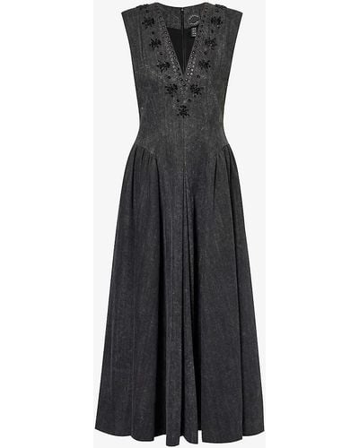 Huishan Zhang Claret V-neck Denim Midi Dress - Black