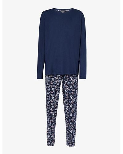 Hanro Long-sleeved Cotton-jersey Pajama Set X - Blue