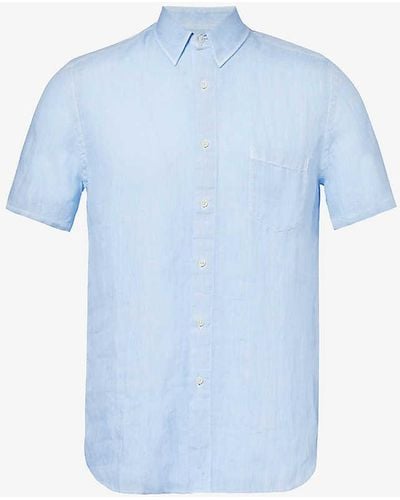 120% Lino Short-sleeve Patch-pocket Regular-fit Linen Shirt - Blue