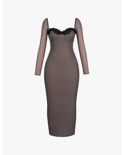 House Of Cb Katrina Lace Mesh Long Sleeve Gown in Black