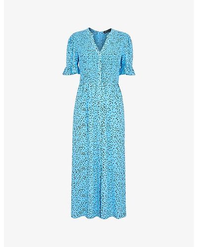 Whistles Spotted-dot Printed Shirred Woven Midi Dress - Blue
