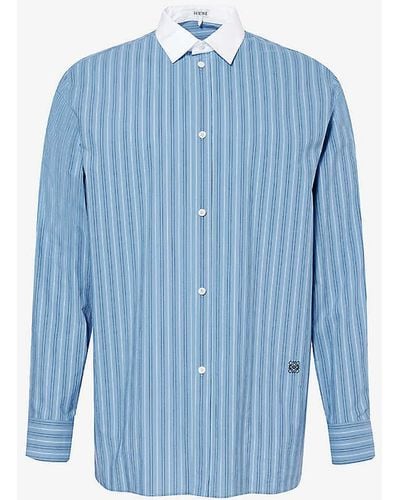 Loewe Brand-embroidered Pleated-cuff Relaxed-fit Cotton-poplin Shirt - Blue