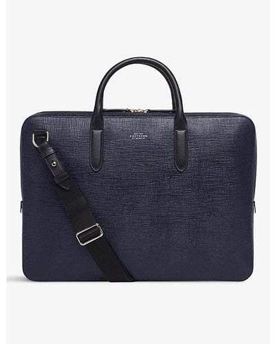 Smythson Vy Panama Large Leather Briefcase - Blue