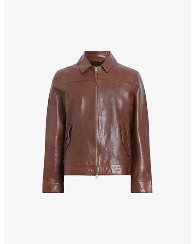 AllSaints Brim Collared Leather Jacket - Brown