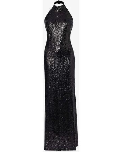 Ralph Lauren Sequin-embellished Halter-neck Stretch-woven Gown - Black