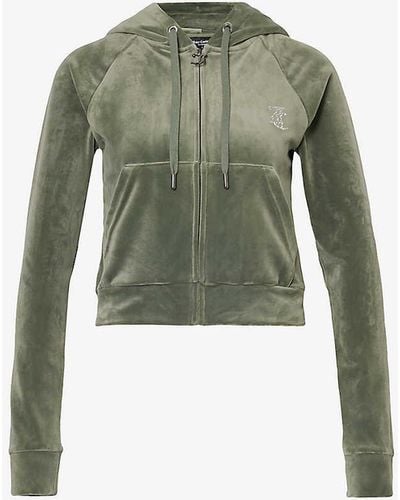 Juicy Couture Rhinestone-embellished Ribbed-trim Velour Hoody - Green