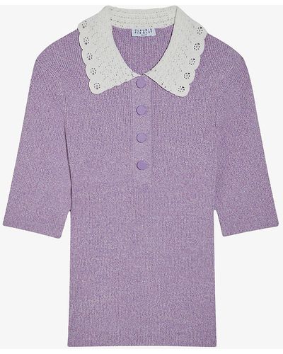 Claudie Pierlot Ribbed Contrast-collar Knitted Polo Shirt - Purple