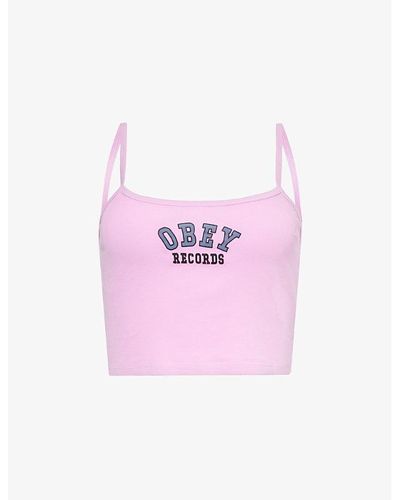 Obey University Records Slogan-print Cotton-jersey Top - Pink