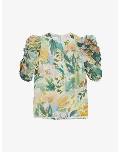 Ted Baker Oasia Floral-print Puff-sleeve Woven Top - Blue
