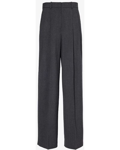 Theory Pleated Wide-leg High-rise Wool-blend Trousers - Grey
