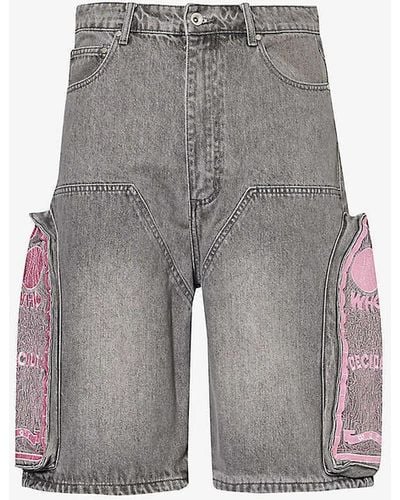 Who Decides War Motif-embroidered Brand-patch Denim Shorts - Grey