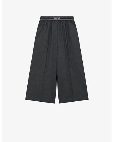 Loewe Branded-waistband Wide-leg High-rise Wool-blend Trousers - Black