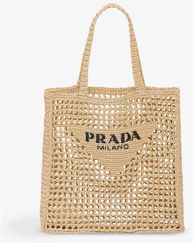 Prada Logo-embellished Crochet Viscose Tote Bag - Natural