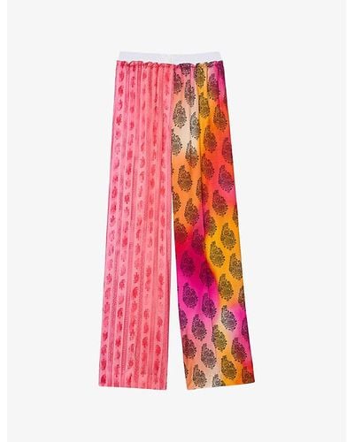 Sandro Dual Graphic-print Wide-leg Mid-rise Woven Pants - Pink