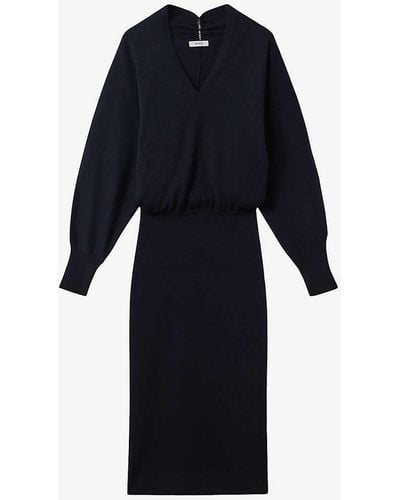 Reiss Sally V-neck Long-sleeve Wool And Cashmere-blend Midi Dress - Blue