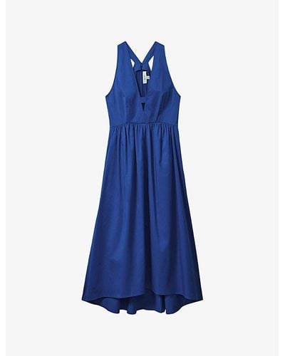 Reiss Yana V-neck Cut-out Stretch-cotton Midi Dress - Blue