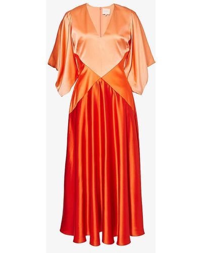 ROKSANDA Gaia Draped-sleeve Panelled Silk Midi Dress - Red