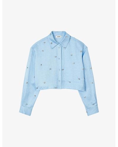 Sandro Rhinestone-embellished Cropped Satin Shirt - Blue
