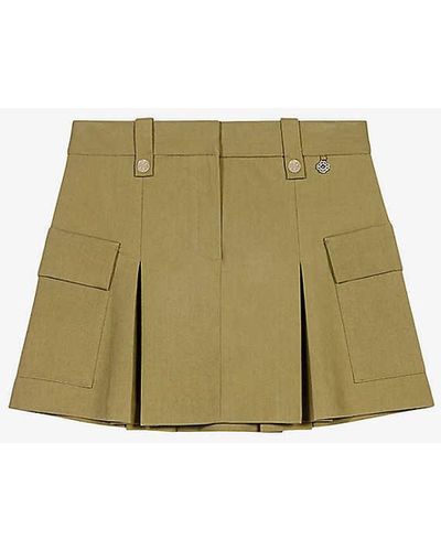 Maje Box-pleated Flap-pockets Stretch Cotton-blend Mini Skirt - Green