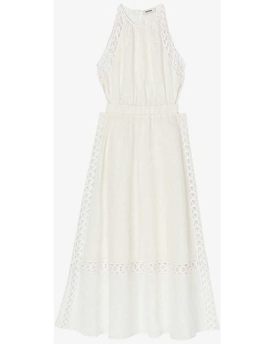 Sandro Lace-trim Flared-skirt Linen Maxi Dress - White