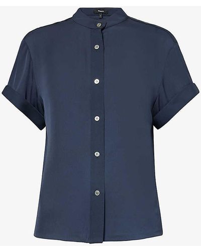 Theory Pleated-back Relaxed-fit Silk Shirt - Blue