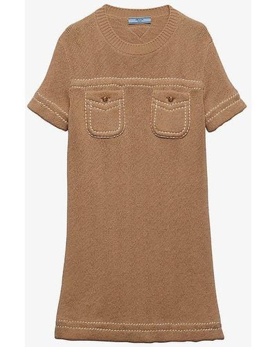 Prada Pocket-embellished Straight-hem Cotton Mini Dress - Brown