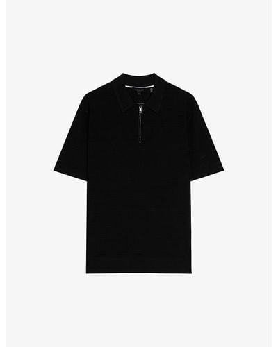 Ted Baker Stree Half-zip Textured Stretch-knit Polo Shirt - Black