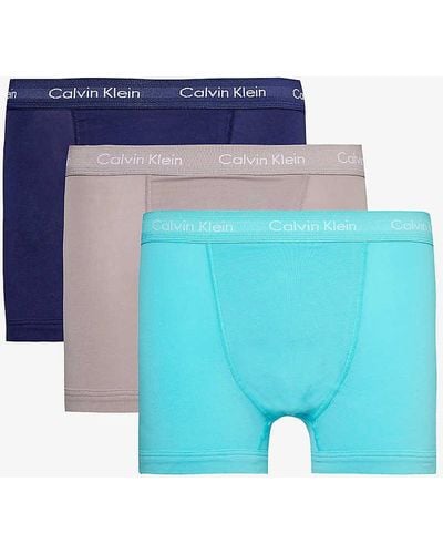 Calvin Klein Branded-waistband Mid-rise Pack Of Three Stretch-cotton Trunks - Blue
