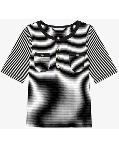 LK Bennett Charlie Button-neck Stripe Stretch-cotton T-shirt X - Grey