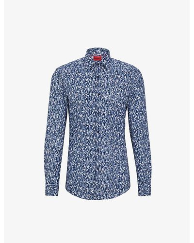 HUGO Floral-print Square-cuff Slim-fit Cotton Shirt - Blue