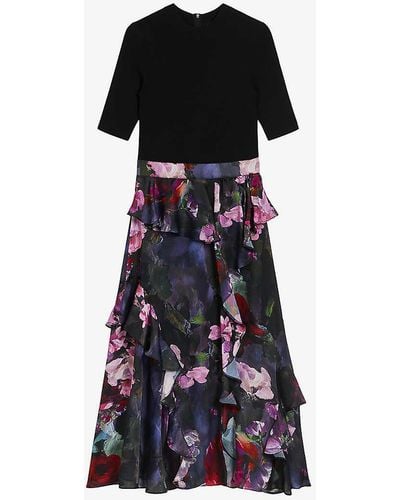 Ted Baker Rowana Knitted-blend And Floral Woven Midi Dress - Black