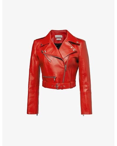 Alexander McQueen Notched-collar Cropped Leather Jacket - Red