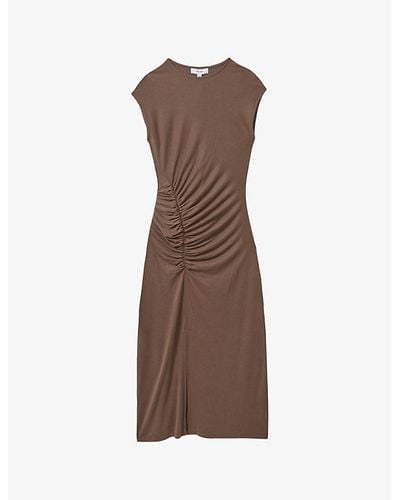Reiss Lenara Cap-sleeve Gathered Woven Midi Dress - Brown
