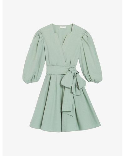 Claudie Pierlot Wrap-front Puff-sleeve Cotton Mini Dress - Green