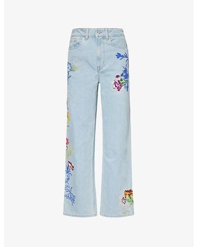 KENZO Sumire Drawn Flowers Floral-embroidered Wide-leg Mid-rise Jeans - Blue