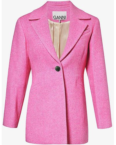 Ganni Longline Single-breasted Recycled-wool Blend Twill Blazer - Pink