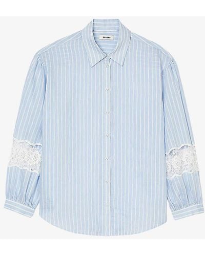 Sandro Lace-trim Striped Linen-blend Shirt - Blue