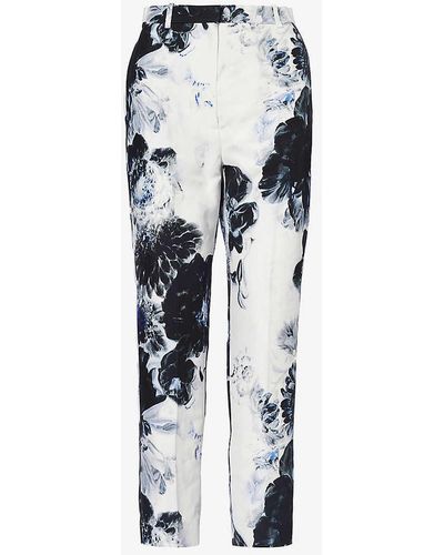 Alexander McQueen Floral-print Tapered-leg High-rise Woven Trousers - White