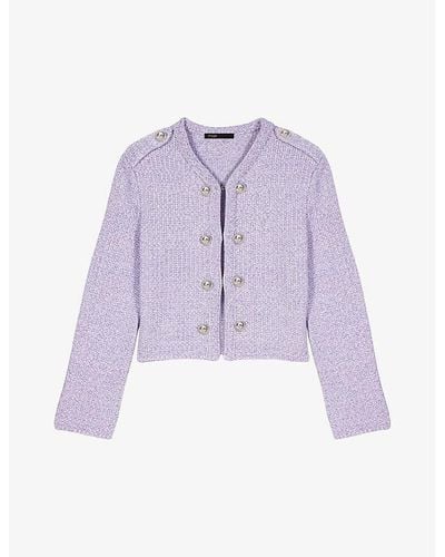 Maje Button-embellished Tweed Stretch-knit Cardigan - Purple