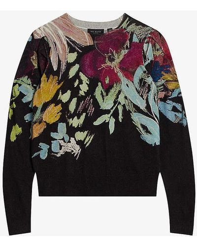 Ted Baker Magarit Floral-pattern Knitted Jumper - Black