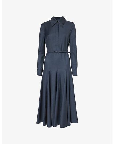 Emilia Wickstead Vy And Black Marione Belted-waist Wool Midi Dress - Blue