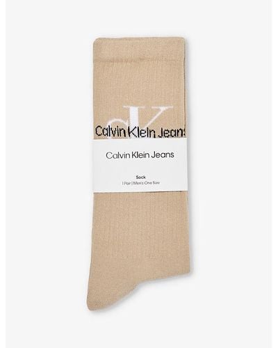 Calvin Klein Branded Crew-length Cotton-blend Socks - Natural