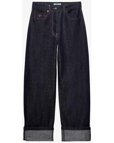 Prada Logo-plaque Contrast-stitch Wide-leg Jeans - Blue