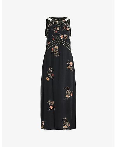 AllSaints Jessie Tanana Floral-print Stud-embellished Woven Midi Dress - Black