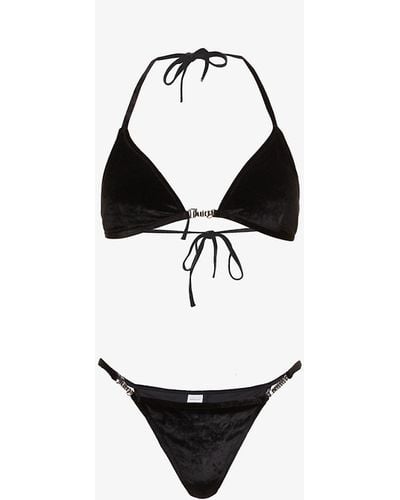 Juicy Couture Logo-embellished Mid-rise Velour Bikini - Black