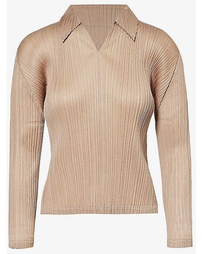 Pleats Please Issey Miyake October V-neck Pleated Knitted Shirt - Natural