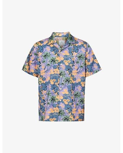 PS by Paul Smith Floral-print Camp-collar Cotton-blend Shirt X - Blue