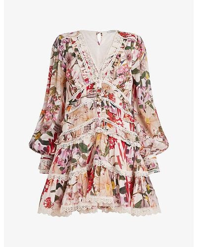 AllSaints Zora Leondra Floral-print Lace-trim Woven Mini Dress - Multicolour