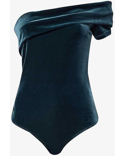 Agolde Bree Asymmetric-neckline Velvet Bodysuit - Blue