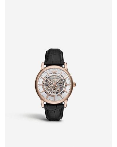 Emporio Armani Ar60007 Skeleton Stainless Steel Rose Gold-plated Automatic Leather Strap Watch - Metallic